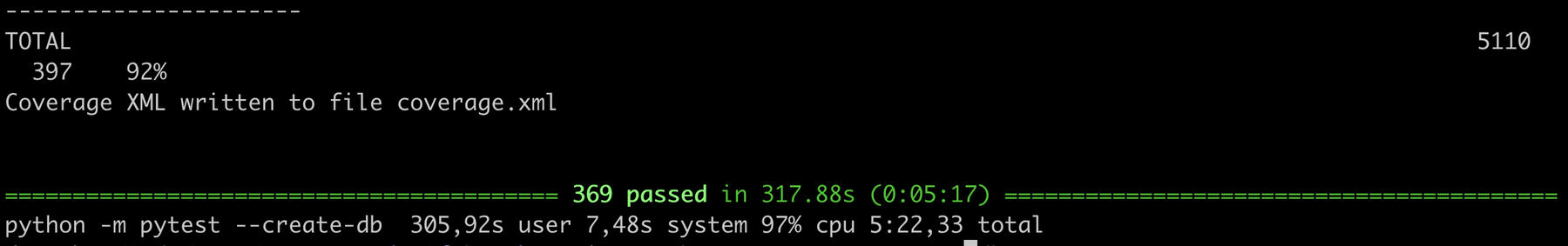 Temps d'exécution de la commande python -m pytest --create-db : on obtient 5 minutes et 22 secondes en temps réel, pour 369 tests. Une ligne en haut de l'image indique un "coverage" de 92%