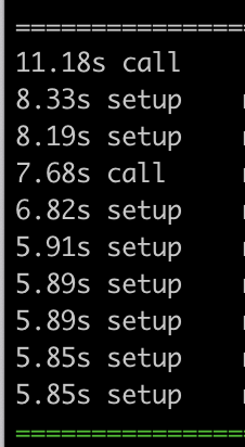 une ligne indique un "call" de 11.18 secondes, puis deux setup de 8,2 secondes environ, puis un "call" de 7,68 secondes, puis une série de 6 setup de 5 à 7 secondes chacun