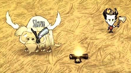 Capture d'écran du jeu Don't starve où le personnage va tondre un Beefalo genre de Yack